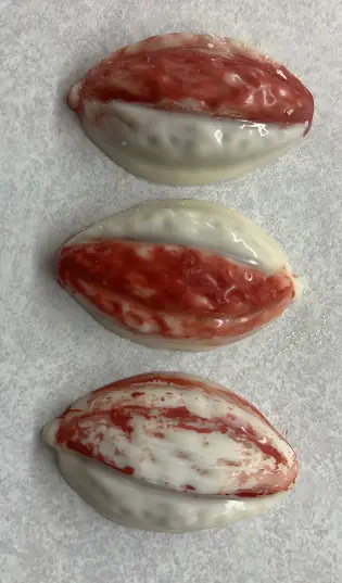 Four chocolates designed to look like cacao pods, representing the ancient beginnings of chocolate.